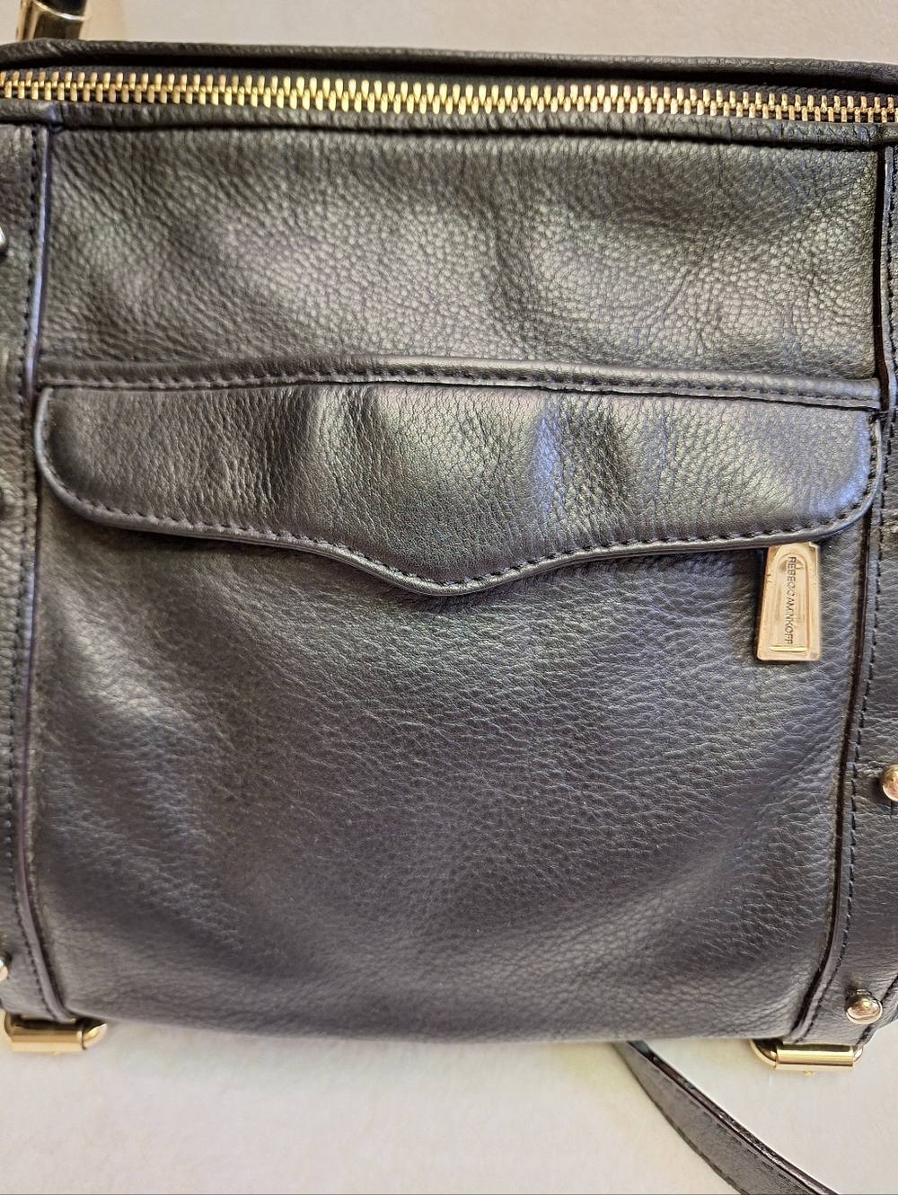 Rebecca Minkoff Cupid Satchel Black Pebbled Leather Gold Studded Bag VGUC - Picture 10 of 15